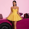 Yellow floral lace fit-and-flare mini dress with spaghetti straps and sweetheart bodice.