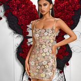 Floral sequin bodycon mini dress with spaghetti straps and square neckline