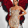 Floral sequin bodycon mini dress with spaghetti straps and square neckline