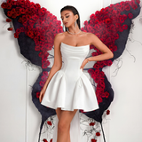 White strapless satin mini dress with sweetheart neckline and flared skirt