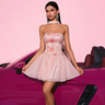 Pink strapless floral mini dress with pleated tulle skirt, front view